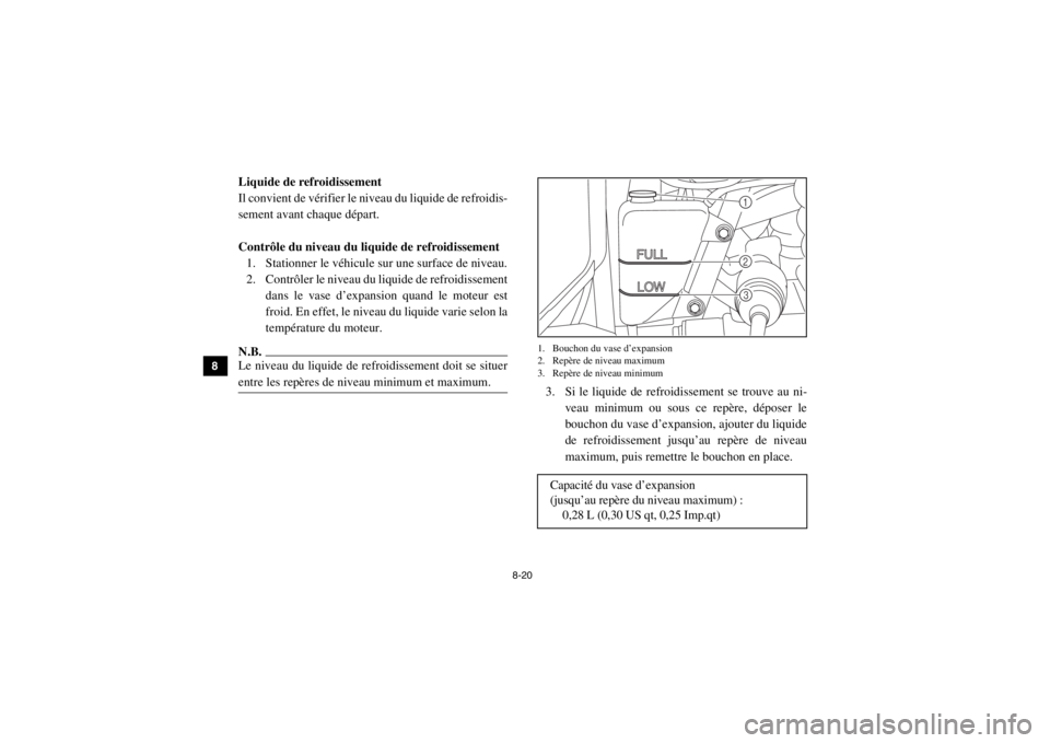YAMAHA VIKING 2015 Notices Demploi (in French) 8-20
8
9
10
11
12
13
14
5B410015Liquide de refroidissement
Il convient de vérifier le niveau du liquide de refroidis-
sement avant chaque départ.
Contrôle du niveau du liquide de refroidissement 1. YAMAHA VIKING 2015 Notices Demploi (in French) 8-20
8
9
10
11
12
13
14
5B410015Liquide de refroidissement
Il convient de vérifier le niveau du liquide de refroidis-
sement avant chaque départ.
Contrôle du niveau du liquide de refroidissement 1.