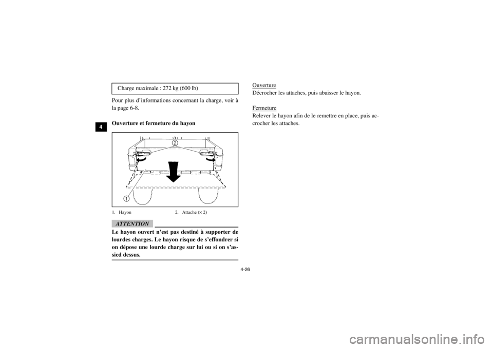 YAMAHA VIKING 2015  Notices Demploi (in French) 4-26
4
5
6
7
8
9
10
11
12
13
14
Pour plus d’informations concernant la charge, voir à
la page 6-8.
Ouverture et fermeture du hayon1. Hayon 2. Attache (× 2)ATTENTIONLe hayon ouvert n’est pas dest