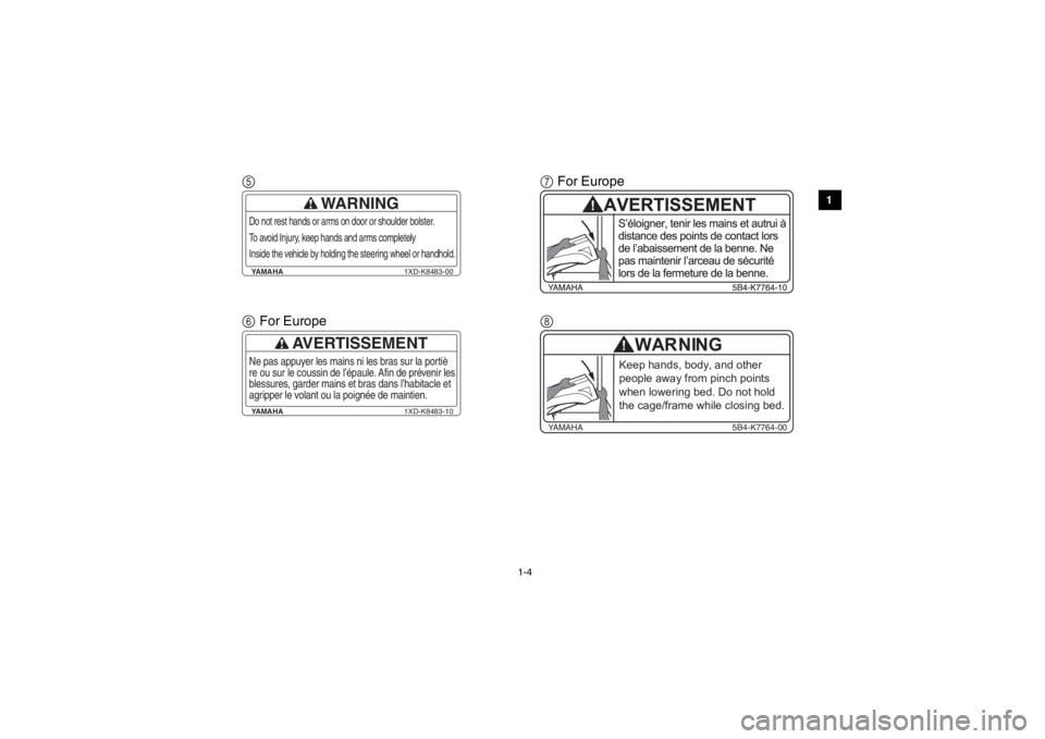YAMAHA VIKING 2014 User Guide 1-4
1
2
3
4
5
6
7
8
9
10
11
12
13
14
5
6For Europe 7
For Europe
8YAMAHA 1XD-K8483-00
WARNING
Do not rest hands or arms on door or shoulder bolster.
To avoid Injury, keep hands and arms completely
In YAMAHA VIKING 2014 User Guide 1-4
1
2
3
4
5
6
7
8
9
10
11
12
13
14
5
6For Europe 7
For Europe
8YAMAHA 1XD-K8483-00
WARNING
Do not rest hands or arms on door or shoulder bolster.
To avoid Injury, keep hands and arms completely
In