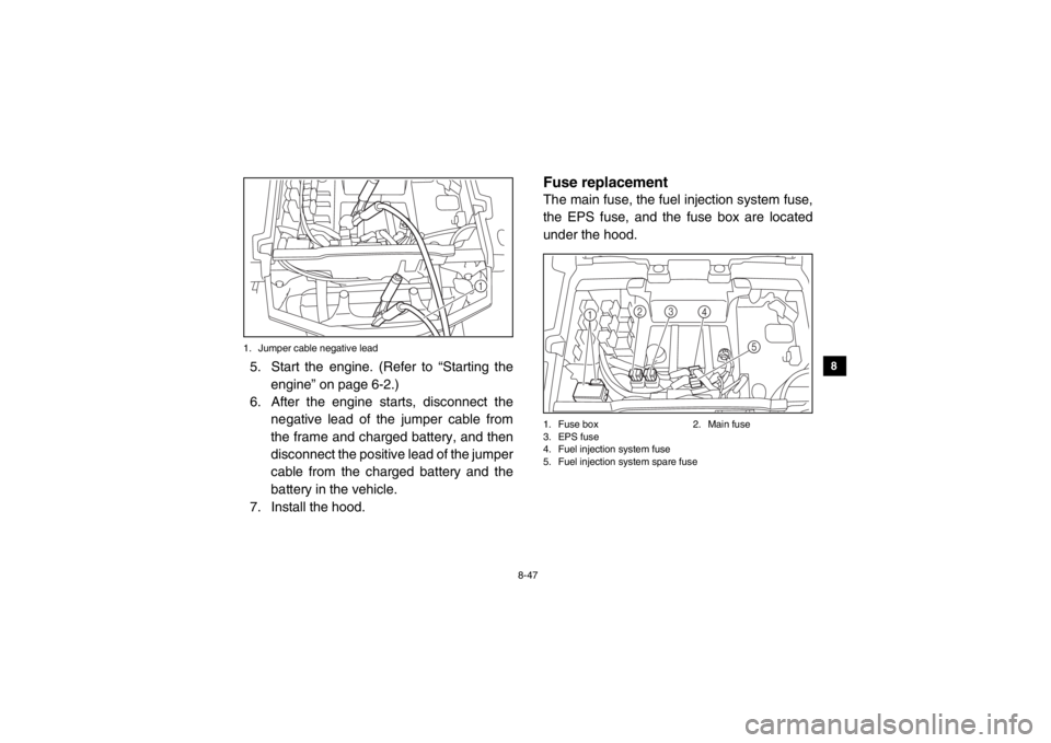 YAMAHA VIKING 2014 Owners Manual 8-47
1
2
3
4
5
6
78
9
10
11
12
13
14
1. Jumper cable negative lead5. Start the engine. (Refer to “Starting theengine” on page 6-2.)
6. After the engine starts, disconnect the negative lead of the YAMAHA VIKING 2014 Owners Manual 8-47
1
2
3
4
5
6
78
9
10
11
12
13
14
1. Jumper cable negative lead5. Start the engine. (Refer to “Starting theengine” on page 6-2.)
6. After the engine starts, disconnect the negative lead of the