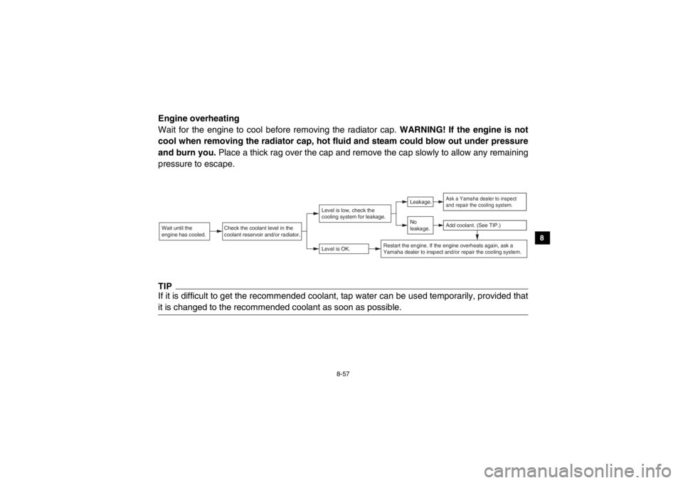 YAMAHA VIKING 2014 Owners Manual 8-57
1
2
3
4
5
6
78
9
10
11
12
13
14
Engine overheating
Wait for the engine to cool before removing the radiator cap. WARNING! If the engine is not
cool when removing the radiator cap, hot fluid and s YAMAHA VIKING 2014 Owners Manual 8-57
1
2
3
4
5
6
78
9
10
11
12
13
14
Engine overheating
Wait for the engine to cool before removing the radiator cap. WARNING! If the engine is not
cool when removing the radiator cap, hot fluid and s