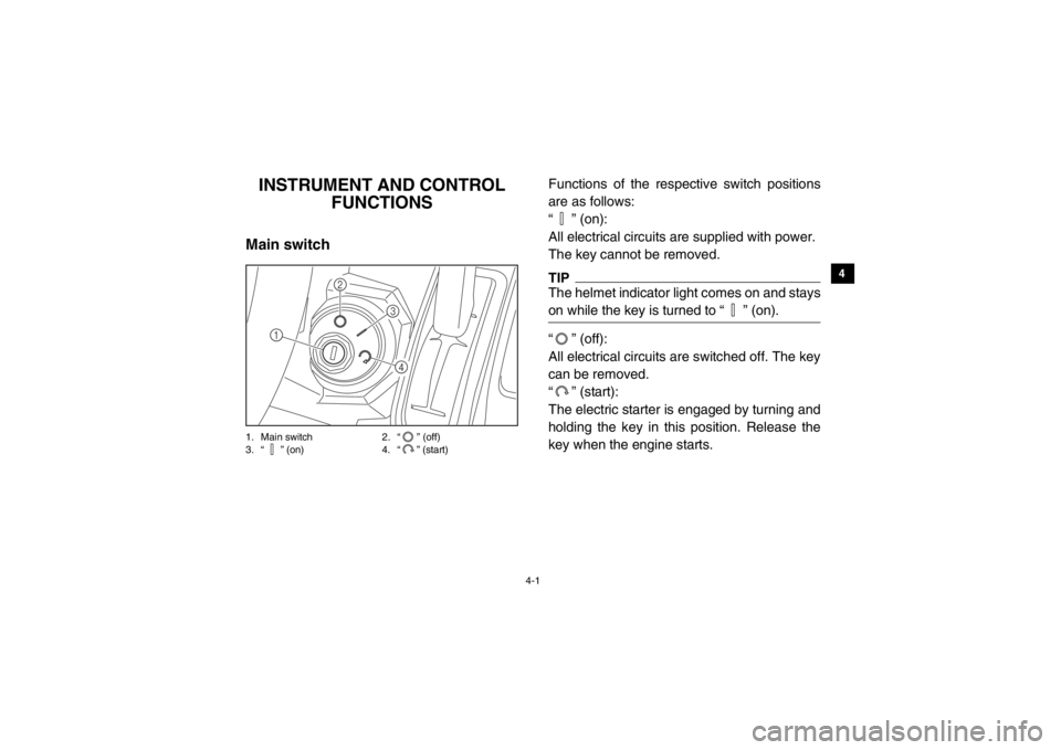 YAMAHA VIKING 2014 Owners Guide 4-1
1
2
34
5
6
7
8
9
10
11
12
13
14
EVU00130
1-INSTRUMENT AND CONTROL FUNCTIONS
EVU00140Main switch1. Main switch 2. “ ” (off)
3. “ ” (on) 4. “ ” (start)
Functions of the respective switch YAMAHA VIKING 2014 Owners Guide 4-1
1
2
34
5
6
7
8
9
10
11
12
13
14
EVU00130
1-INSTRUMENT AND CONTROL FUNCTIONS
EVU00140Main switch1. Main switch 2. “ ” (off)
3. “ ” (on) 4. “ ” (start)
Functions of the respective switch