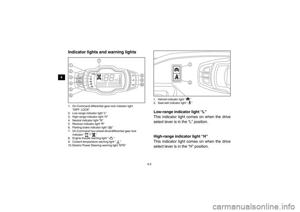 YAMAHA VIKING 2014 Owners Guide 4-2
4
5
6
7
8
9
10
11
12
13
14
EVU00150Indicator lights and warning lights1. On-Command differential gear lock indicator light “DIFF. LOCK”
2. Low-range indicator light “L”
3. High-range indi YAMAHA VIKING 2014 Owners Guide 4-2
4
5
6
7
8
9
10
11
12
13
14
EVU00150Indicator lights and warning lights1. On-Command differential gear lock indicator light “DIFF. LOCK”
2. Low-range indicator light “L”
3. High-range indi