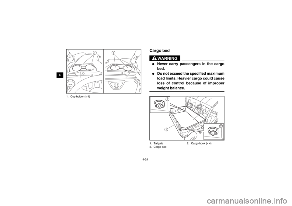 YAMAHA VIKING 2014 Workshop Manual 4-24
4
5
6
7
8
9
10
11
12
13
14
1. Cup holder ( × 4)
EVU00351Cargo bed
WARNING
●
Never carry passengers in the cargo
bed.
●
Do not exceed the specified maximum
load limits. Heavier cargo could ca