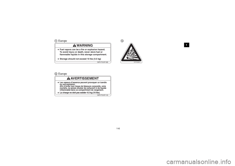 YAMAHA VIKING 2014 Notices Demploi (in French) 1-6
1
2
3
4
5
6
7
8
9
10
11
12
13
14
AEurope
WARNING
Storage should not exceed 10 lbs (4.5 kg)Fuel vapors can be a fire or explosion hazard.
To avoid injury or death, never store fuel or
flammable li YAMAHA VIKING 2014 Notices Demploi (in French) 1-6
1
2
3
4
5
6
7
8
9
10
11
12
13
14
AEurope
WARNING
Storage should not exceed 10 lbs (4.5 kg)Fuel vapors can be a fire or explosion hazard.
To avoid injury or death, never store fuel or
flammable li