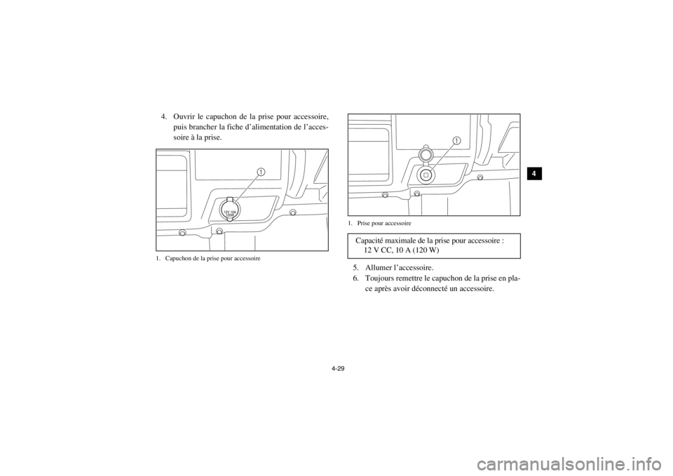 YAMAHA VIKING 2014  Notices Demploi (in French) 4-29
1
2
34
5
6
7
8
9
10
11
12
13
14
4. Ouvrir le capuchon de la prise pour accessoire,puis brancher la fiche  d’alimentation de l’acces-
soire à la prise.1. Capuchon de la prise pour accessoire 