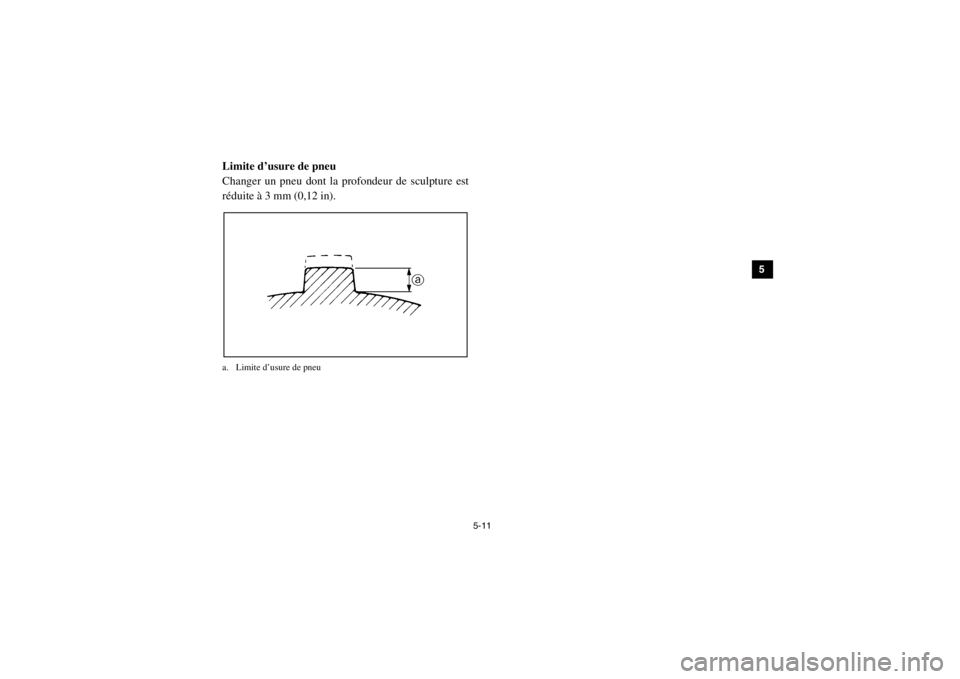 YAMAHA VIKING 2014  Notices Demploi (in French) 5-11
1
2
3
45
6
7
8
9
10
11
12
13
14
FVU00520Limite d’usure de pneu
Changer un pneu dont la profondeur de sculpture est
réduite à 3 mm (0,12 in).a. Limite d’usure de pneu1XP7B_FF.book  Page 11  
