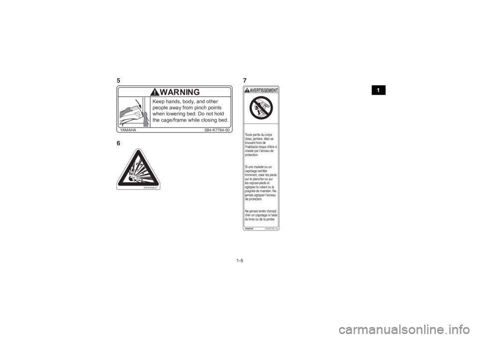 YAMAHA VIKING VI 2016 User Guide 1-5
1
Keep hands, body, and other 
people away from pinch points 
when lowering bed. Do not hold 
the cage/frame while closing bed.
YAMAHA5B4-K7764-00
WARNING
!
1HP-F2259-21
YA M A H A1XD-K7761-10AVER