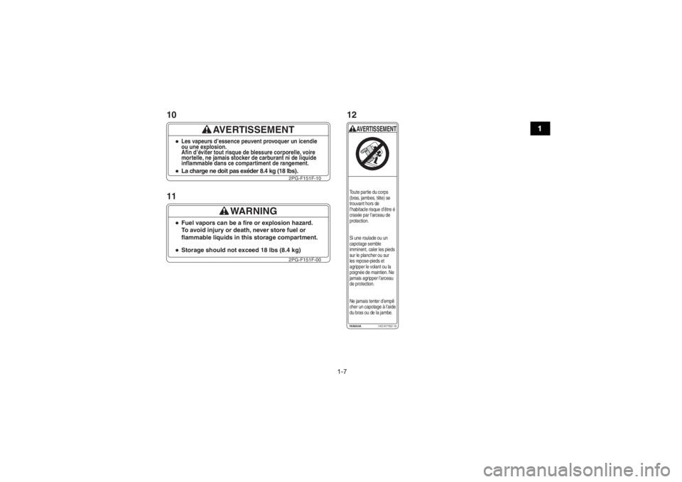 YAMAHA VIKING VI 2016 User Guide 1-7
1
AVERTISSEMENT
La charge ne doit pas exéder 8.4 kg (18 lbs).Les vapeurs d’essence peuvent provoquer un icendie
ou une explosion.
Afin d’éviter tout risque de blessure corporelle, voire
mort