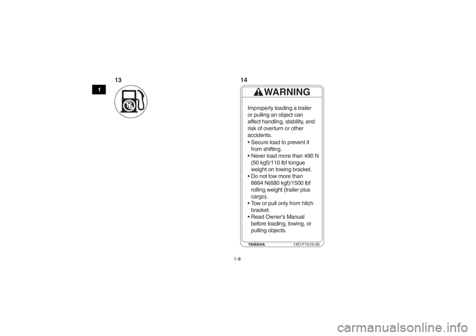 YAMAHA VIKING VI 2016 User Guide 1-8
1
YAMAHA1XD-F151K-00
WARNING
Improperly loading a trailer 
or pulling an object can
affect handling, stability, and
risk of overturn or other
accidents.
 Secure load to prevent it
from shifting.
 