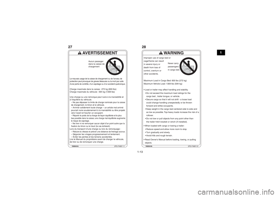 YAMAHA VIKING VI 2016 Owners Manual 1-13
1
YAMAHA2PG-F4897-11
AVERTISSEMENT
Charge maximale dans la caisse : 272 kg (600 lbs)
Charge maximale du véhicule : 594 kg (1309 lbs)
Une charge ou une remorque peut nuire à la maniabilité et YAMAHA VIKING VI 2016 Owners Manual 1-13
1
YAMAHA2PG-F4897-11
AVERTISSEMENT
Charge maximale dans la caisse : 272 kg (600 lbs)
Charge maximale du véhicule : 594 kg (1309 lbs)
Une charge ou une remorque peut nuire à la maniabilité et