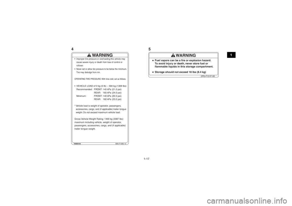 YAMAHA VIKING VI 2016 Owners Manual 1-17
1
YAMAHAB85-F1696-10
WARNING
Improper tire pressure or overloading this vehicle may
cause severe injury or death from loss of control or
rollover.Never set or allow tire pressure to be below the YAMAHA VIKING VI 2016 Owners Manual 1-17
1
YAMAHAB85-F1696-10
WARNING
Improper tire pressure or overloading this vehicle may
cause severe injury or death from loss of control or
rollover.Never set or allow tire pressure to be below the