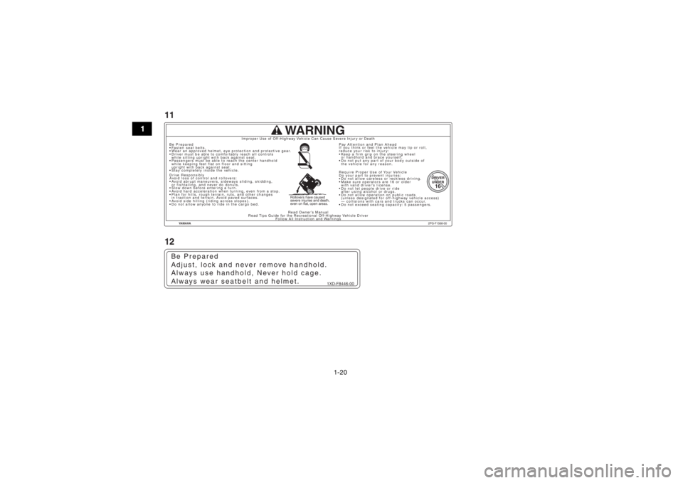 YAMAHA VIKING VI 2016 Owners Manual 1-20
1
YAMAHA2PG-F1568-00
WARNING
DRIVER
DRIVER
UNDER
UNDER16
16DRIVERUNDER16
Improper Use of Off-Highway Vehicle Can Cause Severe Injury or Death
Read Owner’s Manual
Read Tips Guide for the Recreat YAMAHA VIKING VI 2016 Owners Manual 1-20
1
YAMAHA2PG-F1568-00
WARNING
DRIVER
DRIVER
UNDER
UNDER16
16DRIVERUNDER16
Improper Use of Off-Highway Vehicle Can Cause Severe Injury or Death
Read Owner’s Manual
Read Tips Guide for the Recreat