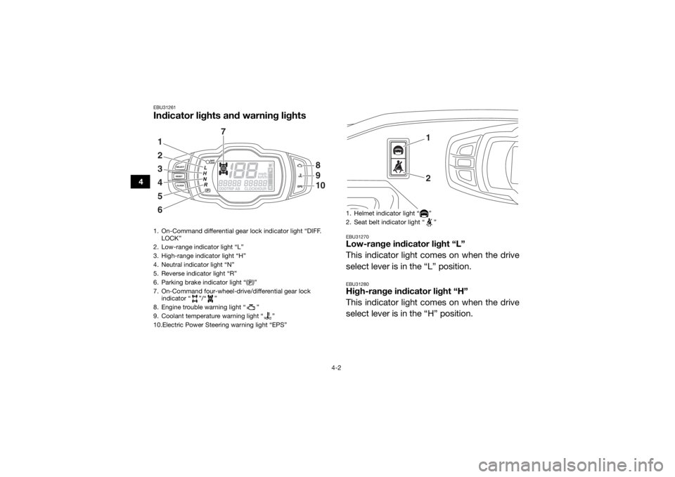 YAMAHA VIKING VI 2016 Service Manual 4-2
4
EBU31261Indicator lights and warning lights
EBU31270Low-range indicator light “L”
This indicator light comes on when the drive
select lever is in the “L” position.EBU31280High-range indi
