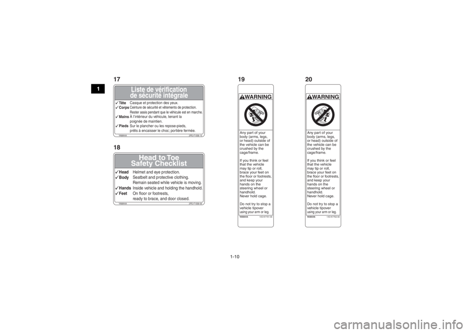 YAMAHA VIKING VI 2016 Notices Demploi (in French) 1-10
1
Liste de vérification
de sécurité intégrale
YAMAHA 2PG-F1558-10TêteCasque et protection des yeux.Corps
Ceinture de sécurité et vêtements de protection.
Rester assis pendant que le vé YAMAHA VIKING VI 2016 Notices Demploi (in French) 1-10
1
Liste de vérification
de sécurité intégrale
YAMAHA 2PG-F1558-10TêteCasque et protection des yeux.Corps
Ceinture de sécurité et vêtements de protection.
Rester assis pendant que le vé