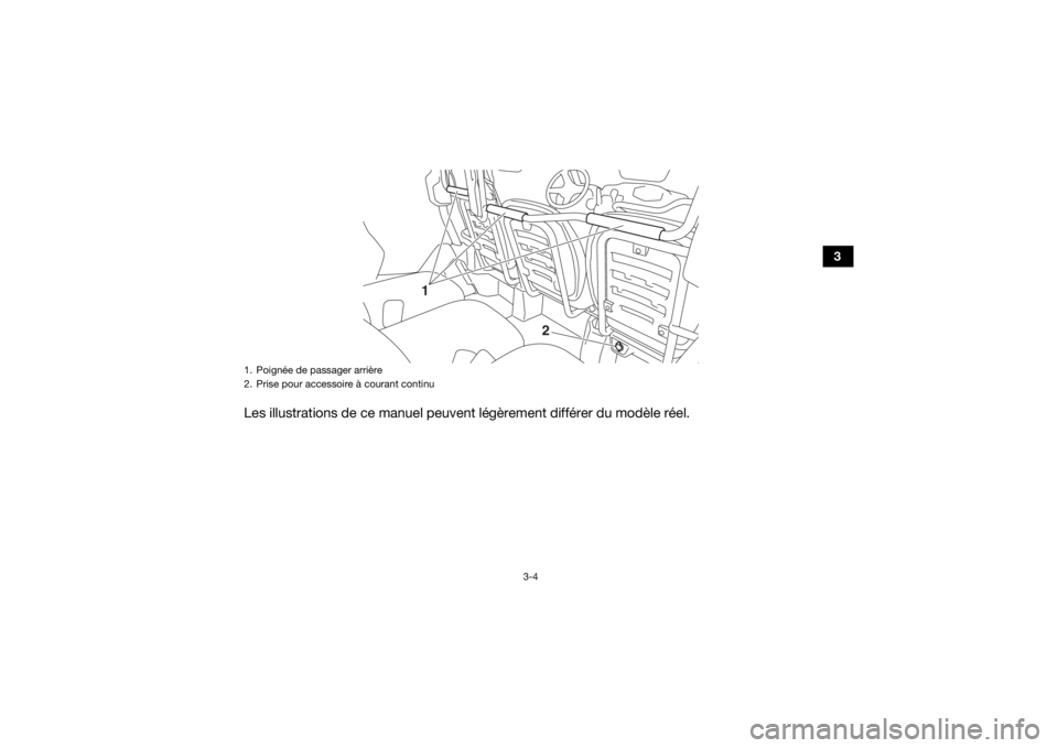 YAMAHA VIKING VI 2016 Notices Demploi (in French) 3-4
3
Les illustrations de ce manuel peuvent légèrement différer du modèle réel.
1
2
1. Poignée de passager arrière
2. Prise pour accessoire à courant continuUB857AF0.book Page 4 Monday, Aug YAMAHA VIKING VI 2016 Notices Demploi (in French) 3-4
3
Les illustrations de ce manuel peuvent légèrement différer du modèle réel.
1
2
1. Poignée de passager arrière
2. Prise pour accessoire à courant continuUB857AF0.book Page 4 Monday, Aug