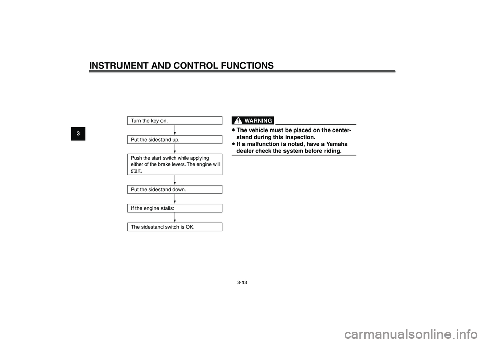 YAMAHA VITY 125 2010 Owners Manual INSTRUMENT AND CONTROL FUNCTIONS
3-13
3
Turn the key on.
Put the sidestand up.Push the start switch while applying
either of the brake levers. The engine will
start.Put the sidestand down.
If the engi YAMAHA VITY 125 2010 Owners Manual INSTRUMENT AND CONTROL FUNCTIONS
3-13
3
Turn the key on.
Put the sidestand up.Push the start switch while applying
either of the brake levers. The engine will
start.Put the sidestand down.
If the engi