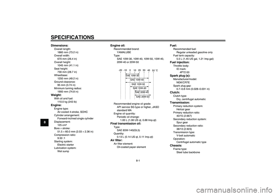 YAMAHA VITY 125 2010  Owners Manual SPECIFICATIONS
8-1
8
Dimensions:Overall length:
1860 mm (73.2 in)
Overall width:
670 mm (26.4 in)
Overall height:
1045 mm (41.1 in)
Seat height:
730 mm (28.7 in)
Wheelbase:
1250 mm (49.2 in)
Ground cl