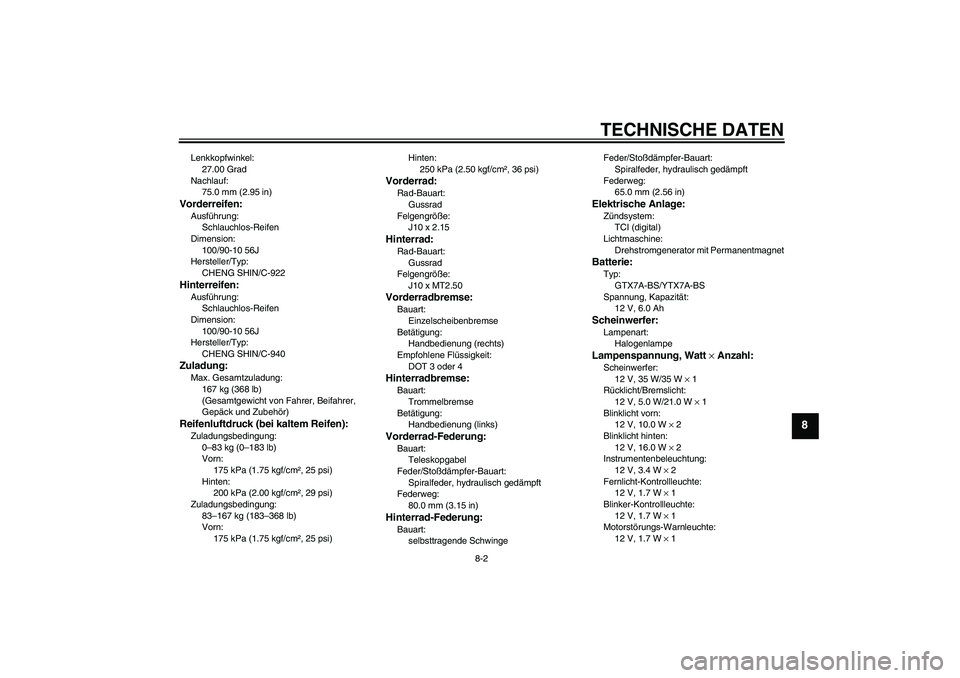 YAMAHA VITY 125 2010 Betriebsanleitungen (in German) TECHNISCHE DATEN
8-2
8
Lenkkopfwinkel:
27.00 Grad
Nachlauf:
75.0 mm (2.95 in)Vorderreifen:Ausführung:
Schlauchlos-Reifen
Dimension:
100/90-10 56J
Hersteller/Typ:
CHENG SHIN/C-922Hinterreifen:Ausführ YAMAHA VITY 125 2010 Betriebsanleitungen (in German) TECHNISCHE DATEN
8-2
8
Lenkkopfwinkel:
27.00 Grad
Nachlauf:
75.0 mm (2.95 in)Vorderreifen:Ausführung:
Schlauchlos-Reifen
Dimension:
100/90-10 56J
Hersteller/Typ:
CHENG SHIN/C-922Hinterreifen:Ausführ