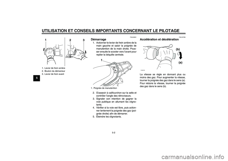 YAMAHA VITY 125 2010  Notices Demploi (in French) UTILISATION ET CONSEILS IMPORTANTS CONCERNANT LE PILOTAGE
5-2
5
FAU45091
Démarrage 1. Actionner le levier de frein arrière de la
main gauche et saisir la poignée de
manutention de la main droite. P