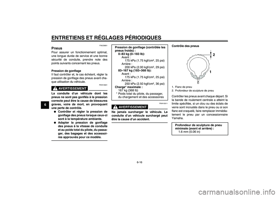 YAMAHA VITY 125 2010  Notices Demploi (in French) ENTRETIENS ET RÉGLAGES PÉRIODIQUES
6-16
6
FAU33601
Pneus Pour assurer un fonctionnement optimal,
une longue durée de service et une bonne
sécurité de conduite, prendre note des
points suivants co
