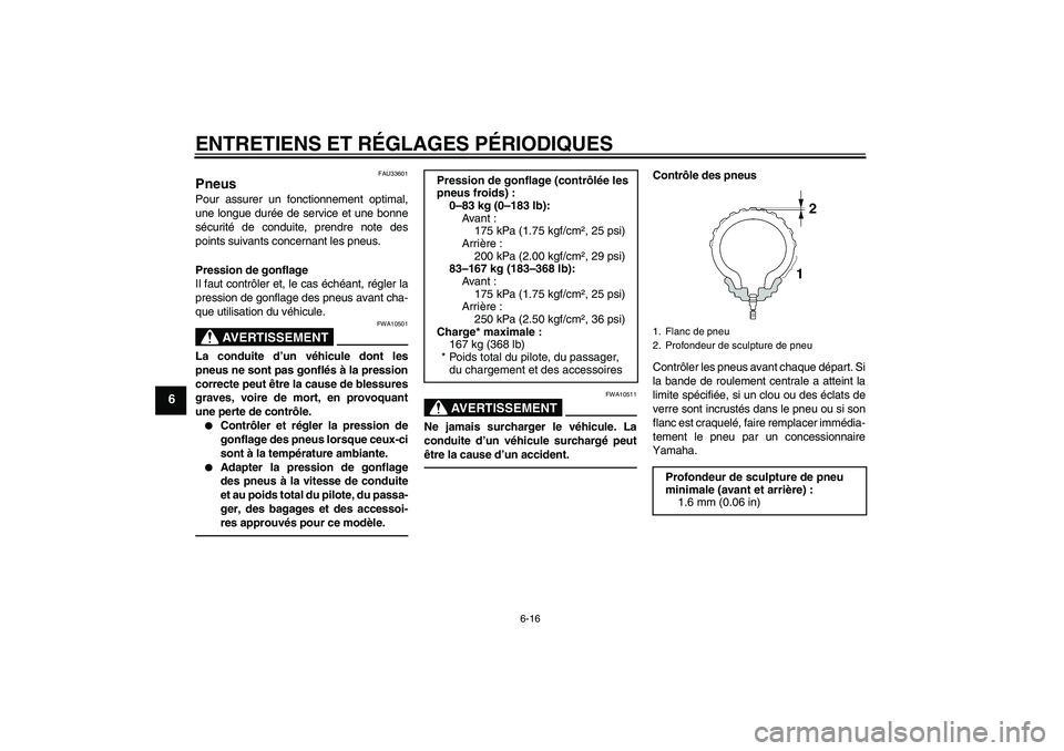 YAMAHA VITY 125 2010  Notices Demploi (in French) ENTRETIENS ET RÉGLAGES PÉRIODIQUES
6-16
6
FAU33601
Pneus Pour assurer un fonctionnement optimal,
une longue durée de service et une bonne
sécurité de conduite, prendre note des
points suivants co