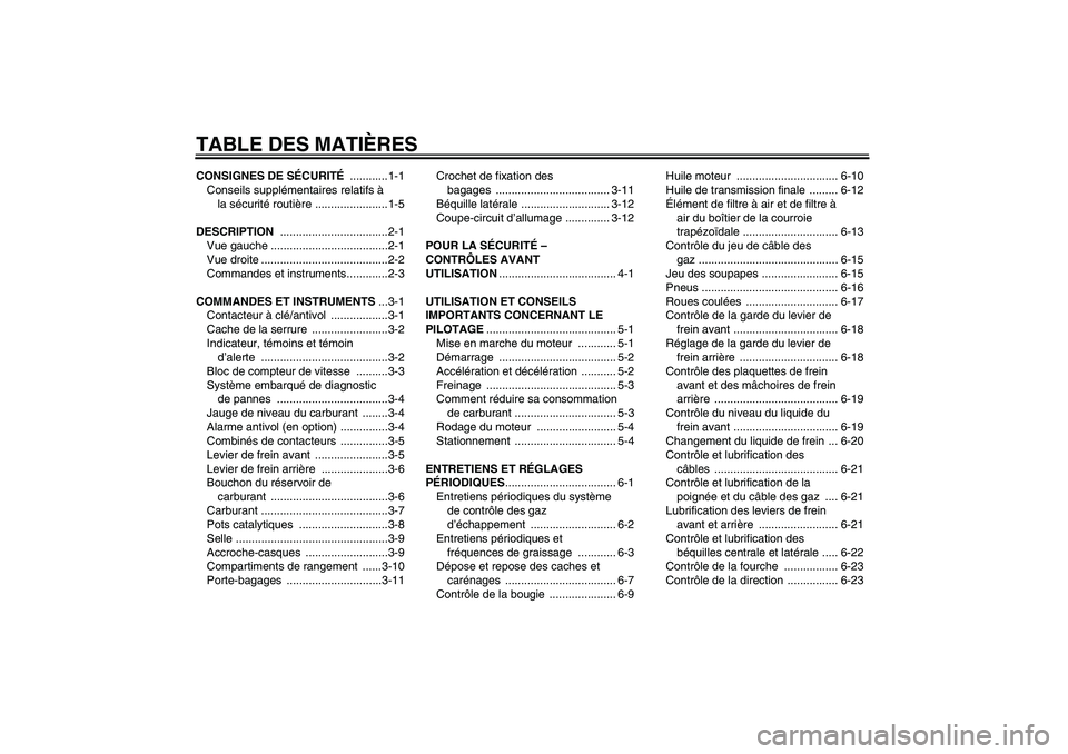 YAMAHA VITY 125 2010  Notices Demploi (in French) TABLE DES MATIÈRESCONSIGNES DE SÉCURITÉ ............1-1
Conseils supplémentaires relatifs à 
la sécurité routière .......................1-5
DESCRIPTION ..................................2-1
V