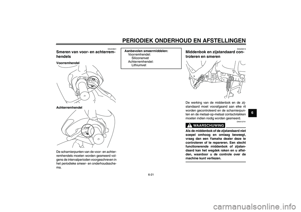 YAMAHA VITY 125 2010  Instructieboekje (in Dutch) PERIODIEK ONDERHOUD EN AFSTELLINGEN
6-21
6
DAU43641
Smeren van voor- en achterrem-
hendels Voorremhendel
Achterremhendel
De scharnierpunten van de voor- en achter-
remhendels moeten worden gesmeerd vo