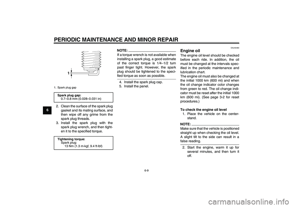 YAMAHA VITY 125 2008 Service Manual PERIODIC MAINTENANCE AND MINOR REPAIR
6-9
62. Clean the surface of the spark plug
gasket and its mating surface, and
then wipe off any grime from the
spark plug threads.
3. Install the spark plug with