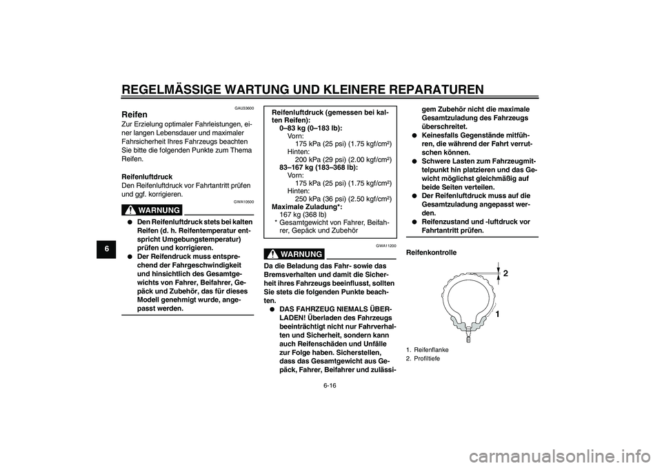 YAMAHA VITY 125 2008 Betriebsanleitungen (in German) REGELMÄSSIGE WARTUNG UND KLEINERE REPARATUREN
6-16
6
GAU33600
Reifen Zur Erzielung optimaler Fahrleistungen, ei-
ner langen Lebensdauer und maximaler
Fahrsicherheit Ihres Fahrzeugs beachten
Sie bit YAMAHA VITY 125 2008 Betriebsanleitungen (in German) REGELMÄSSIGE WARTUNG UND KLEINERE REPARATUREN
6-16
6
GAU33600
Reifen Zur Erzielung optimaler Fahrleistungen, ei-
ner langen Lebensdauer und maximaler
Fahrsicherheit Ihres Fahrzeugs beachten
Sie bit
