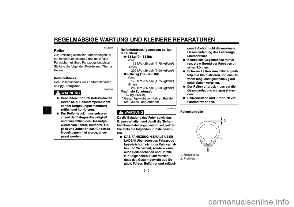 YAMAHA VITY 125 2008  Betriebsanleitungen (in German) REGELMÄSSIGE WARTUNG UND KLEINERE REPARATUREN
6-16
6
GAU33600
Reifen Zur Erzielung optimaler Fahrleistungen, ei-
ner langen Lebensdauer und maximaler 
Fahrsicherheit Ihres Fahrzeugs beachten 
Sie bit