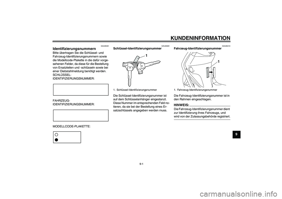 YAMAHA VITY 125 2008  Betriebsanleitungen (in German) KUNDENINFORMATION
9-1
9
GAU26351
Identifizierungsnummern Bitte übertragen Sie die Schlüssel- und 
Fahrzeug-Identifizierungsnummern sowie 
die Modellcode-Plakette in die dafür vorge-
sehenen Felder,