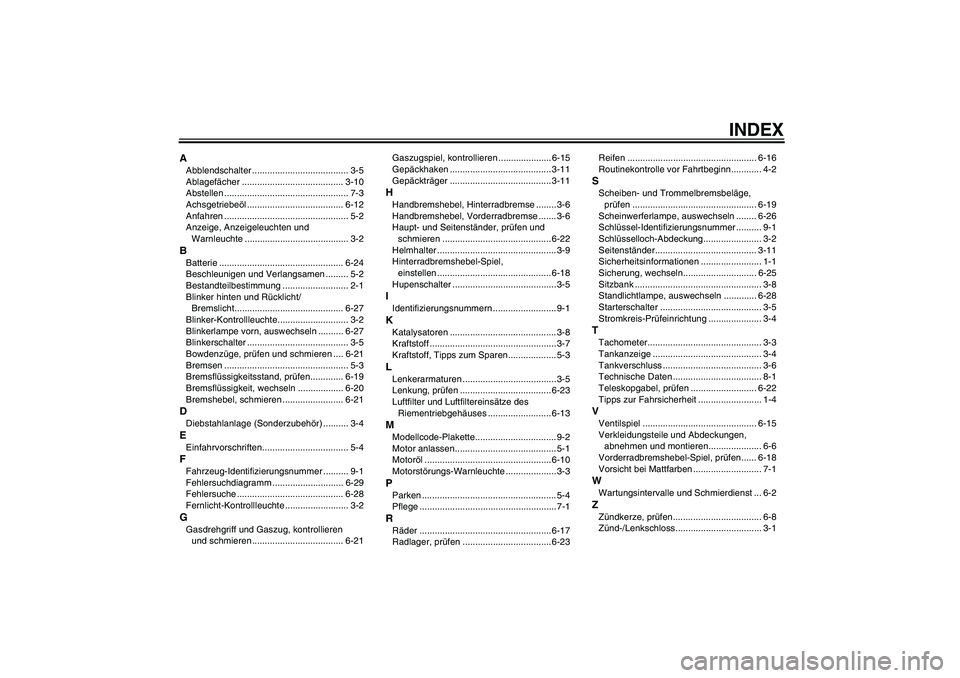 YAMAHA VITY 125 2008  Betriebsanleitungen (in German) INDEX
AAbblendschalter ...................................... 3-5
Ablagefächer ........................................ 3-10
Abstellen ................................................. 7-3
Achsgetrie