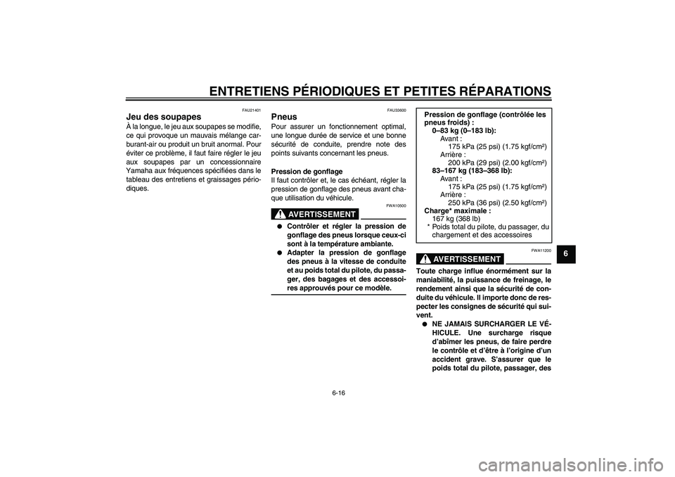 YAMAHA VITY 125 2008  Notices Demploi (in French) ENTRETIENS PÉRIODIQUES ET PETITES RÉPARATIONS
6-16
6
FAU21401
Jeu des soupapes À la longue, le jeu aux soupapes se modifie,
ce qui provoque un mauvais mélange car-
burant-air ou produit un bruit a