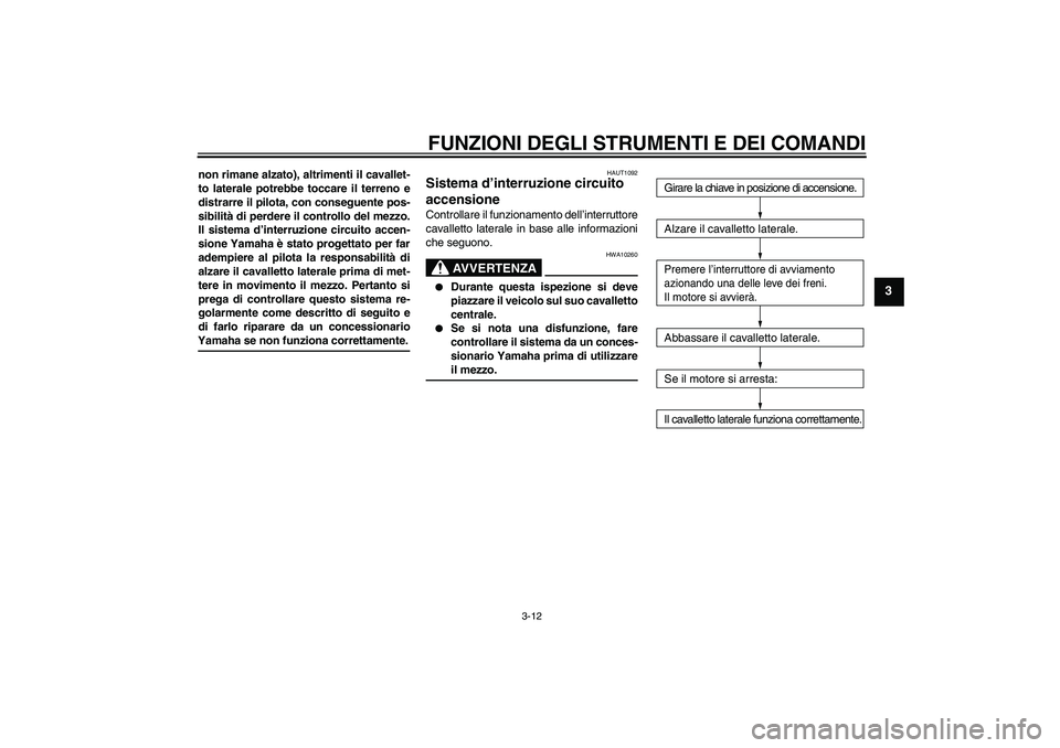 YAMAHA VITY 125 2008  Manuale duso (in Italian) FUNZIONI DEGLI STRUMENTI E DEI COMANDI
3-12
3
non rimane alzato), altrimenti il cavallet-
to laterale potrebbe toccare il terreno e
distrarre il pilota, con conseguente pos-
sibilità di perdere il co