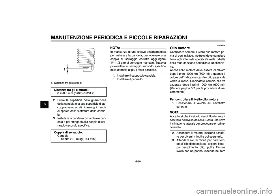 YAMAHA VITY 125 2008  Manuale duso (in Italian) MANUTENZIONE PERIODICA E PICCOLE RIPARAZIONI
6-10
6
2. Pulire la superficie della guarnizione
della candela e la sua superficie di ac-
coppiamento ed eliminare ogni traccia
di sporco dalla filettatura