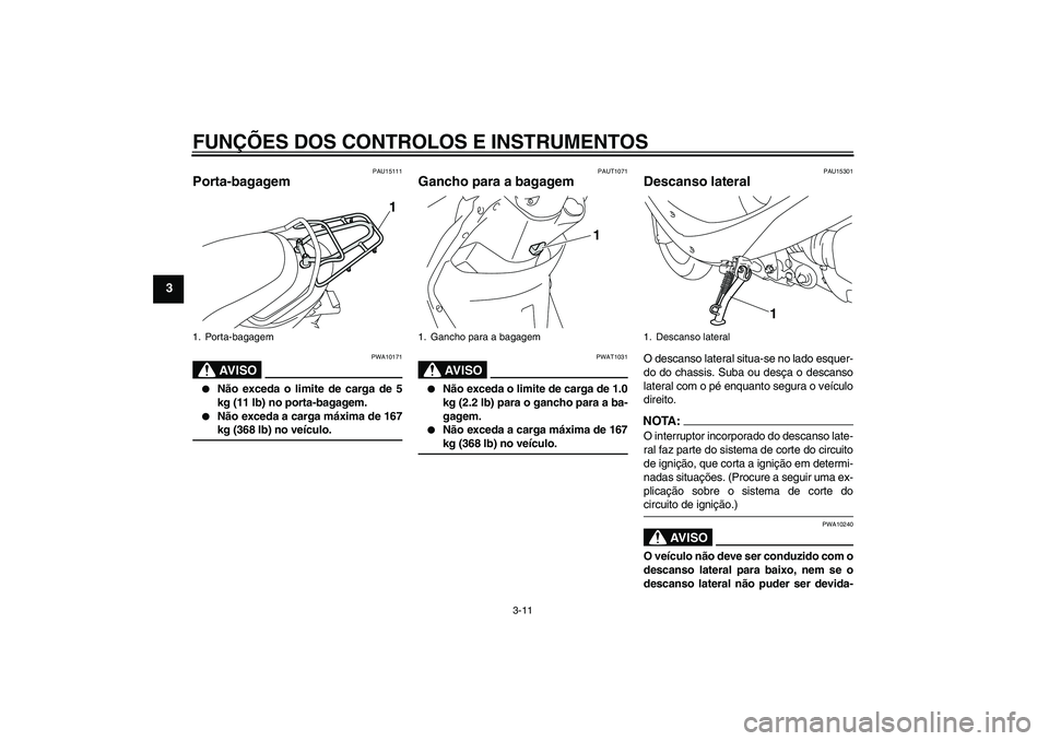 YAMAHA VITY 125 2008  Manual de utilização (in Portuguese) FUNÇÕES DOS CONTROLOS E INSTRUMENTOS
3-11
3
PAU15111
Porta-bagagem 
AV I S O
PWA10171

Não exceda o limite de carga de 5
kg (11 lb) no porta-bagagem.

Não exceda a carga máxima de 167kg (368 lb