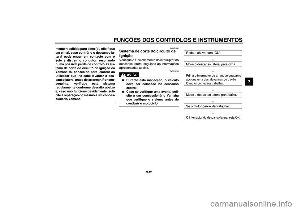 YAMAHA VITY 125 2008  Manual de utilização (in Portuguese) FUNÇÕES DOS CONTROLOS E INSTRUMENTOS
3-12
3
mente recolhido para cima (ou não fique
em cima), caso contrário o descanso la-
teral pode entrar em contacto com o
solo e distrair o condutor, resultan