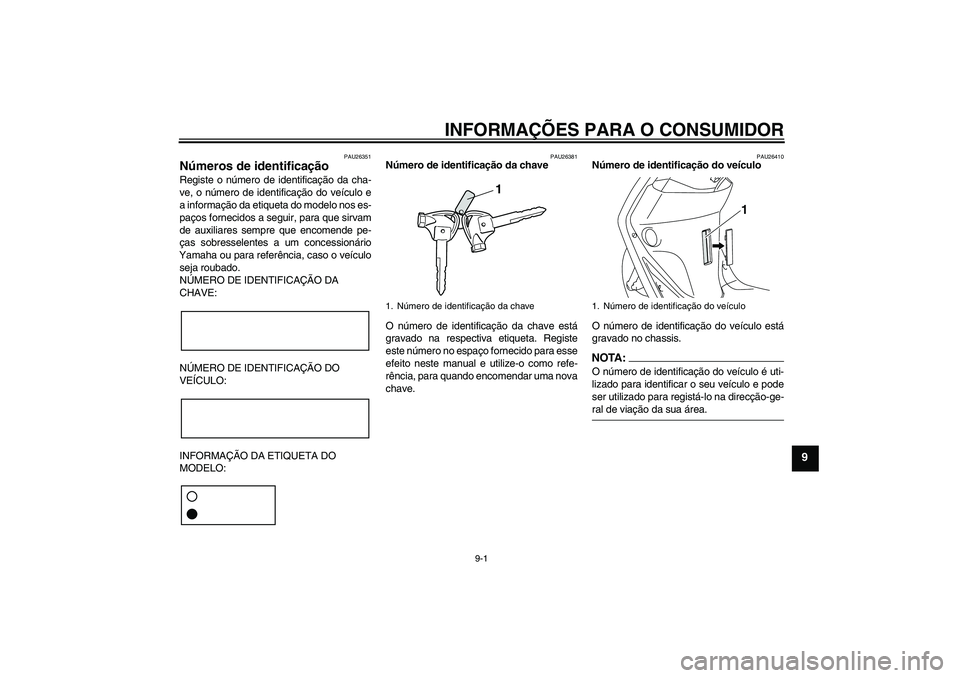 YAMAHA VITY 125 2008 Manual de utilização (in Portuguese) INFORMAÇÕES PARA O CONSUMIDOR
9-1
9
PAU26351
Números de identificação Registe o número de identificação da cha-
ve, o número de identificação do veículo e
a informação da etiqueta do mod YAMAHA VITY 125 2008 Manual de utilização (in Portuguese) INFORMAÇÕES PARA O CONSUMIDOR
9-1
9
PAU26351
Números de identificação Registe o número de identificação da cha-
ve, o número de identificação do veículo e
a informação da etiqueta do mod