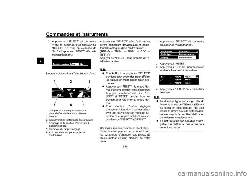 YAMAHA VMAX 2016  Notices Demploi (in French) Commandes et instruments
3-15
3
2. Appuyer sur “SELECT” afin de mettre
“Yes” en évidence, puis appuyer sur
“RESET”. (La mise en évidence de
“No” et l’appui sur “RESET” affiche 