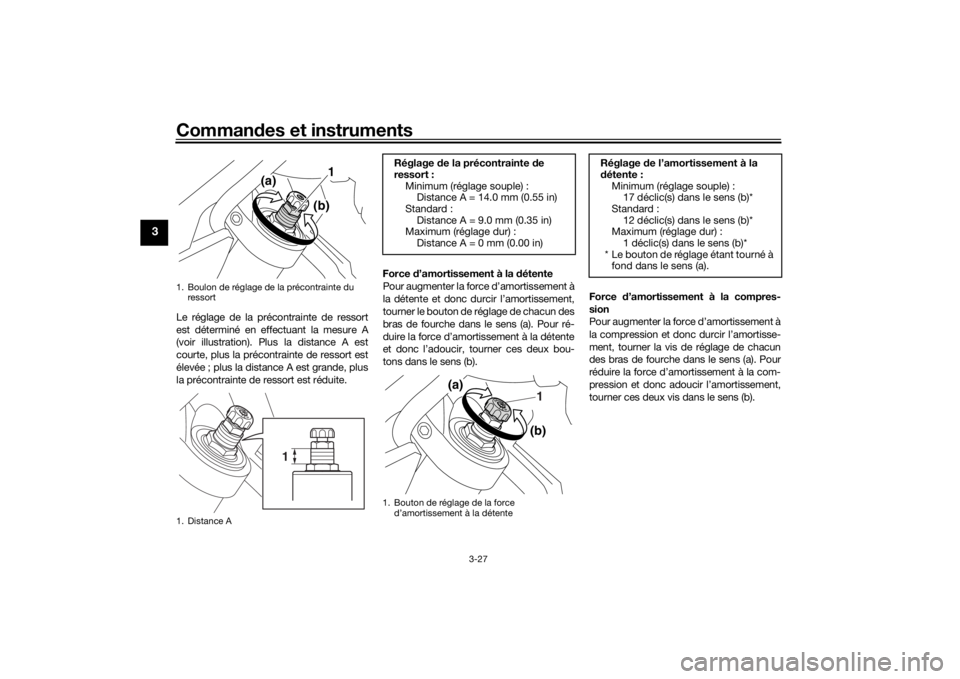 YAMAHA VMAX 2016  Notices Demploi (in French) Commandes et instruments
3-27
3
Le réglage de la précontrainte de ressort
est déterminé en effectuant la mesure A
(voir illustration). Plus la distance A est
courte, plus la précontrainte de ress