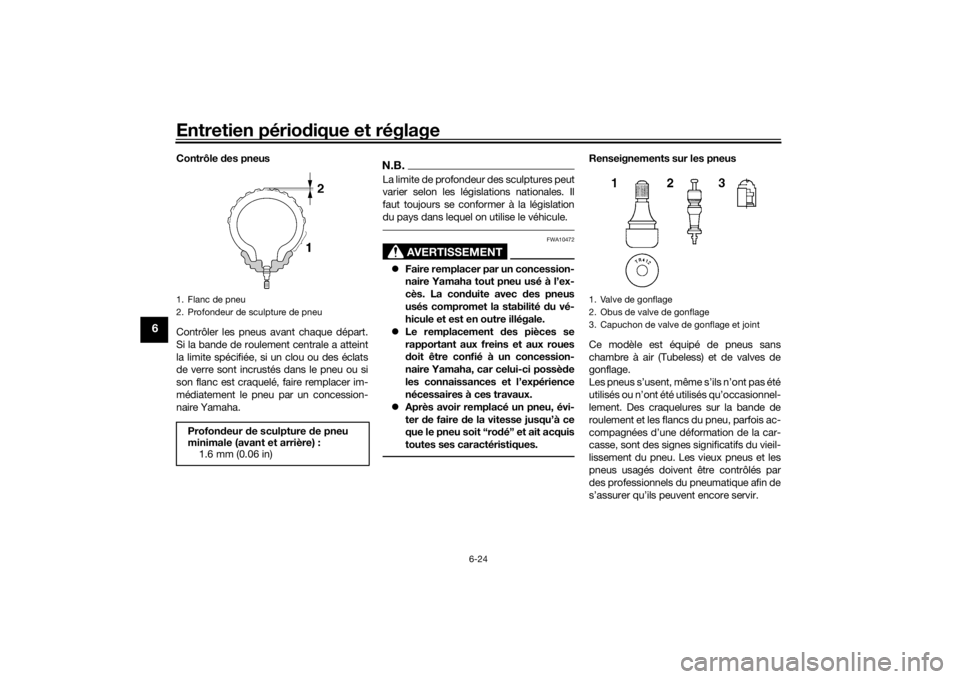 YAMAHA VMAX 2016  Notices Demploi (in French) Entretien périodique et réglage
6-24
6
Contrôle  des pneus
Contrôler les pneus avant chaque départ.
Si la bande de roulement centrale a atteint
la limite spécifiée, si un clou ou des éclats
de