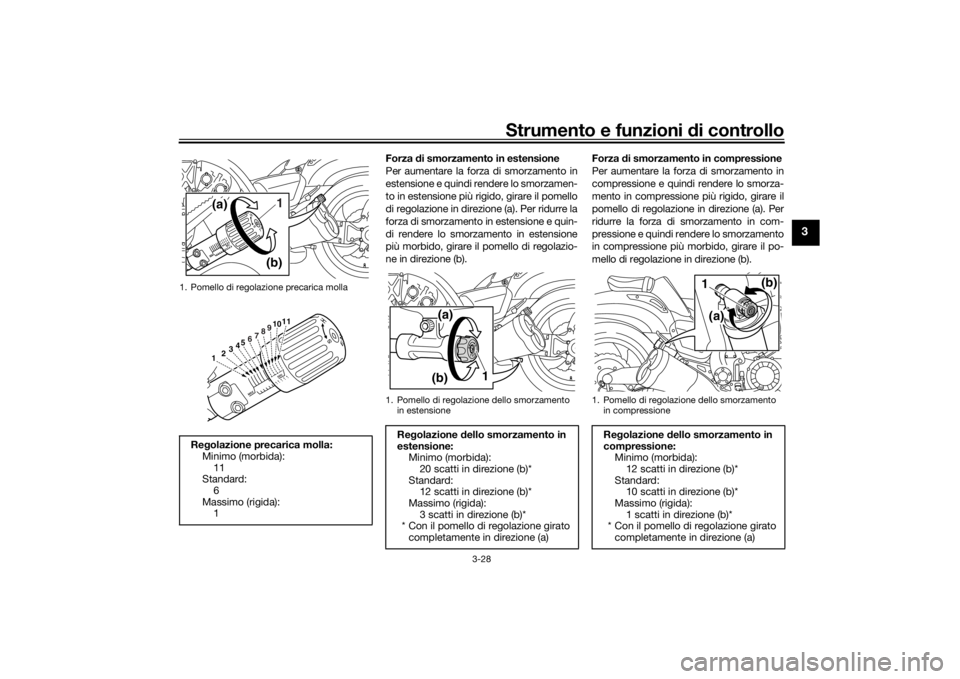 YAMAHA VMAX 2016  Manuale duso (in Italian) Strumento e funzioni di controllo
3-28
3
Forza  di smorzamento in estensione
Per aumentare la forza di smorzamento in
estensione e quindi rendere lo smorzamen-
to in estensione più rigido, girare il 