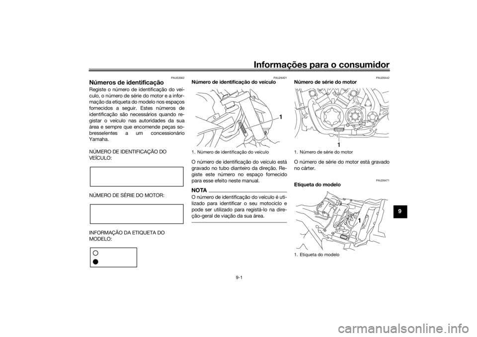 YAMAHA VMAX 2016 Manual de utilização (in Portuguese) Informações para o consumidor
9-1
9
PAU53562
Números de i dentificaçãoRegiste o número de identificação do veí-
culo, o número de série do motor e a infor-
mação da etiqueta do modelo no YAMAHA VMAX 2016 Manual de utilização (in Portuguese) Informações para o consumidor
9-1
9
PAU53562
Números de i dentificaçãoRegiste o número de identificação do veí-
culo, o número de série do motor e a infor-
mação da etiqueta do modelo no