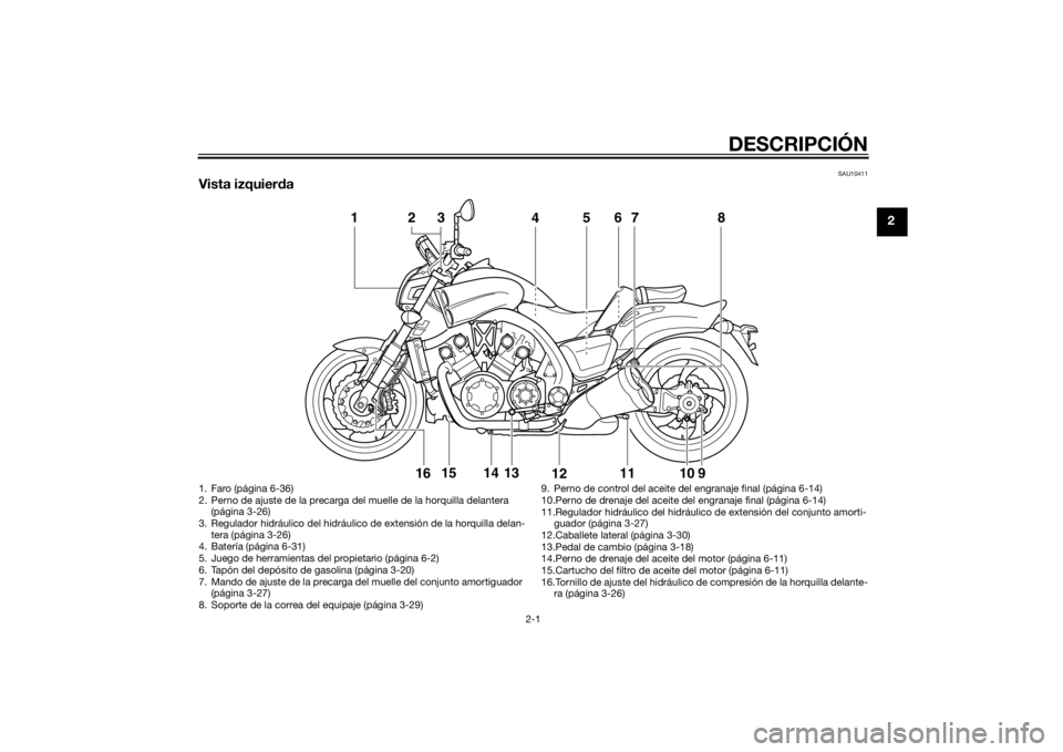 YAMAHA VMAX 2015 Manuale de Empleo (in Spanish) DESCRIPCIÓN
2-1
2
SAU10411
Vista izquierda
1
4
56
7
8
11
9
10
12
13
14
15
2 316
1. Faro (página 6-36)
2. Perno de ajuste de la precarga del muelle de la horquilla delantera
(página 3-26)
3. Regula YAMAHA VMAX 2015 Manuale de Empleo (in Spanish) DESCRIPCIÓN
2-1
2
SAU10411
Vista izquierda
1
4
56
7
8
11
9
10
12
13
14
15
2 316
1. Faro (página 6-36)
2. Perno de ajuste de la precarga del muelle de la horquilla delantera
(página 3-26)
3. Regula