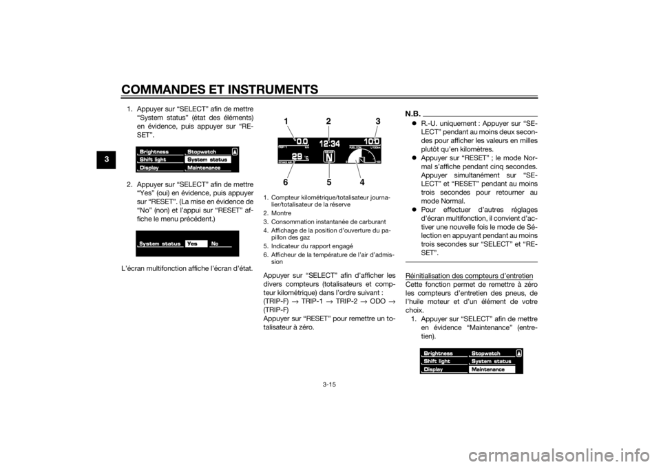YAMAHA VMAX 2015  Notices Demploi (in French) COMMANDES ET INSTRUMENTS
3-15
3
1. Appuyer sur “SELECT” afin de mettre“System status” (état des éléments)
en évidence, puis appuyer sur “RE-
SET”.
2. Appuyer sur “SELECT” afin de m