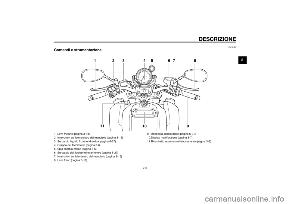 YAMAHA VMAX 2015 Manuale duso (in Italian) DESCRIZIONE
2-3
2
HAU10431
Comandi e strumentazione
123 4 67 8
9
10
11
5
1. Leva frizione (pagina 3-18)
2. Interruttori sul lato sinistro del manubrio (pagina 3-16)
3. Serbatoio liquido frizione idrau YAMAHA VMAX 2015 Manuale duso (in Italian) DESCRIZIONE
2-3
2
HAU10431
Comandi e strumentazione
123 4 67 8
9
10
11
5
1. Leva frizione (pagina 3-18)
2. Interruttori sul lato sinistro del manubrio (pagina 3-16)
3. Serbatoio liquido frizione idrau