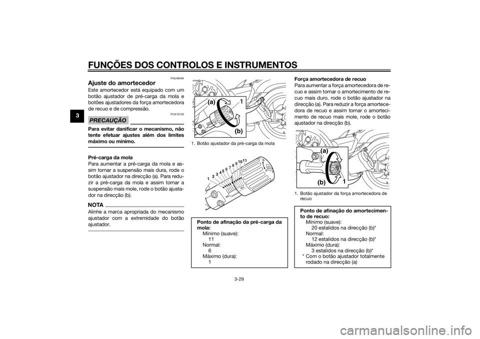 YAMAHA VMAX 2015 Manual de utilização (in Portuguese) FUNÇÕES DOS CONTROLOS E INSTRUMENTOS
3-29
3
PAU46494
Ajuste do amortece dorEste amortecedor está equipado com um
botão ajustador de pré-carga da mola e
botões ajustadores da força amortecedora
YAMAHA VMAX 2015 Manual de utilização (in Portuguese) FUNÇÕES DOS CONTROLOS E INSTRUMENTOS
3-29
3
PAU46494
Ajuste do amortece dorEste amortecedor está equipado com um
botão ajustador de pré-carga da mola e
botões ajustadores da força amortecedora