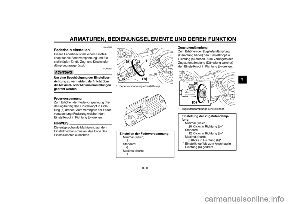 YAMAHA VMAX 2012  Betriebsanleitungen (in German) ARMATUREN, BEDIENUNGSELEMENTE UND DEREN FUNKTION
3-30
3
GAU46493
Federbein einstellen Dieses Federbein ist mit einem Einstell-
knopf für die Federvorspannung und Ein-
stellknöpfen für die Zug- und 