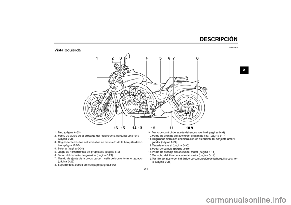 YAMAHA VMAX 2012 Manuale de Empleo (in Spanish) DESCRIPCIÓN
2-1
2
SAU10410
Vista izquierda
1
4
56
7
8
11
9
10
12
13
14
15
2316
1. Faro (página 6-35)
2. Perno de ajuste de la precarga
del muelle de la horquilla delantera
(página 3-26)
3. Regula YAMAHA VMAX 2012 Manuale de Empleo (in Spanish) DESCRIPCIÓN
2-1
2
SAU10410
Vista izquierda
1
4
56
7
8
11
9
10
12
13
14
15
2316
1. Faro (página 6-35)
2. Perno de ajuste de la precarga
del muelle de la horquilla delantera
(página 3-26)
3. Regula